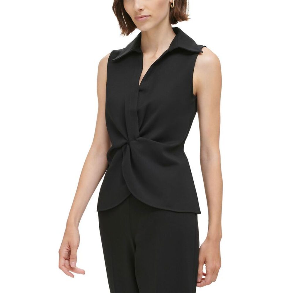 Calvin Klein Womens Collared Sleeveless Twist Front Top Large Black - NWT $79